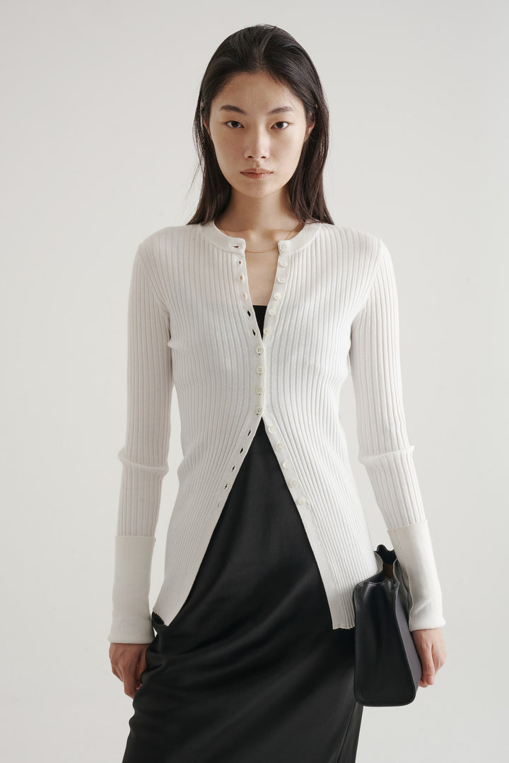 Long Sleeve Rib Cardigan / White