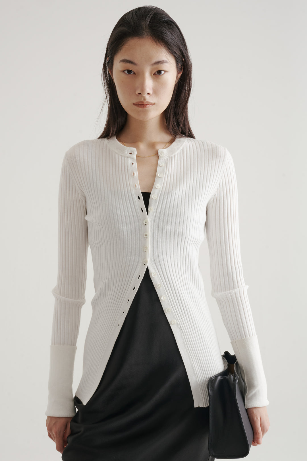Long Sleeve Rib Cardigan / Black
