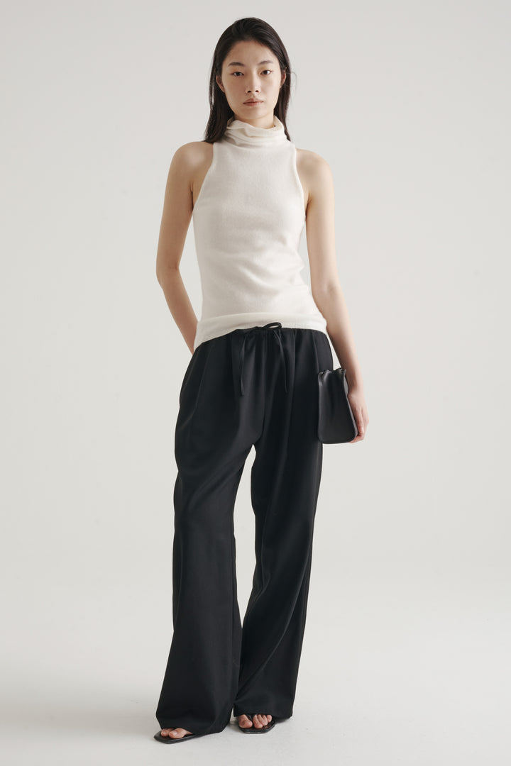 Wool Twill Drawcord Pants / Black