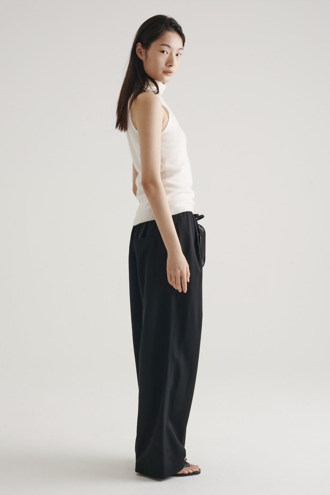 Wool Twill Drawcord Pants / Black