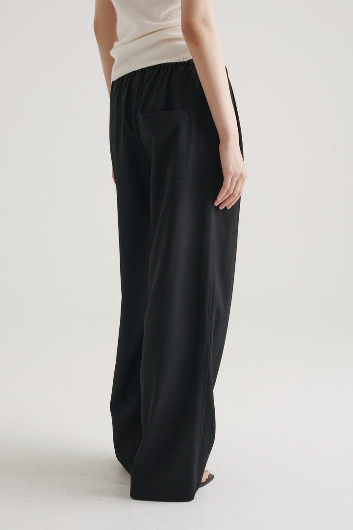 Wool Twill Drawcord Pants / Black