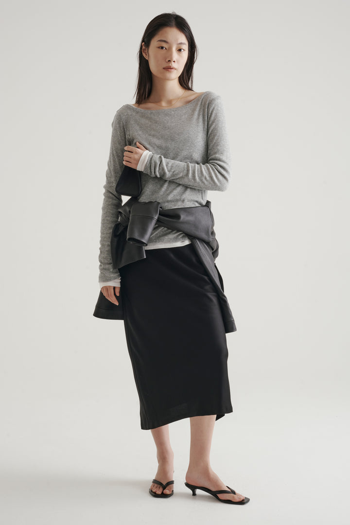 Silk Cotton Boatneck Long Sleeve / Grey