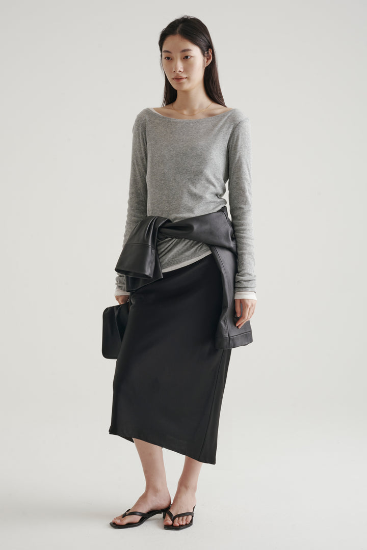 Silk Cotton Boatneck Long Sleeve / Grey