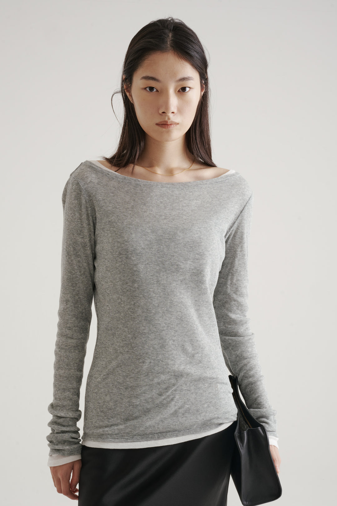 Silk Cotton Boatneck Long Sleeve / Grey
