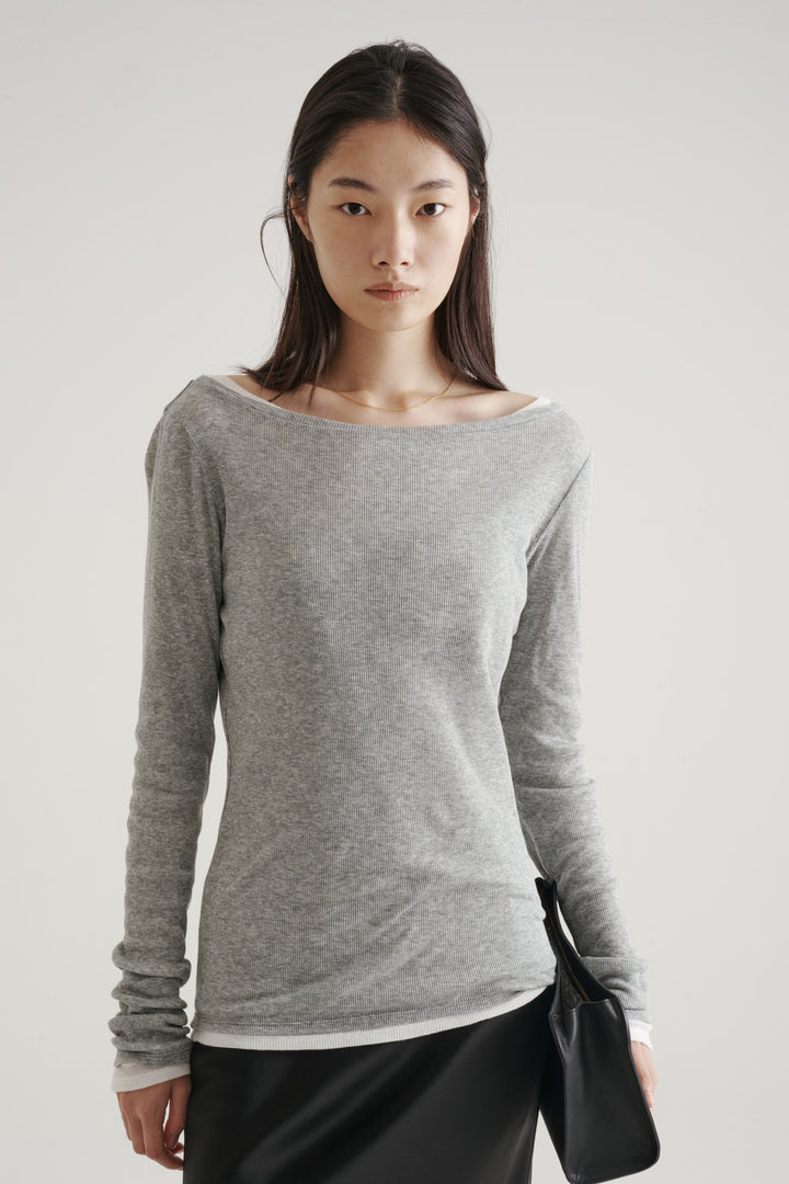 Silk Cotton Boatneck Long Sleeve / Grey