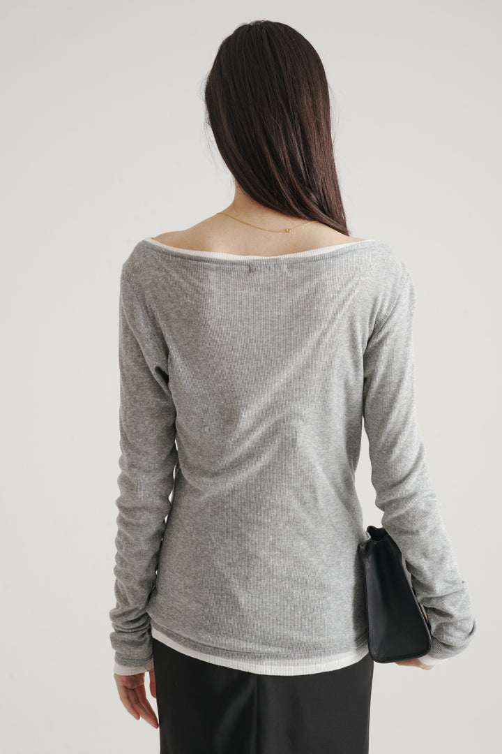 Silk Cotton Boatneck Long Sleeve / Grey