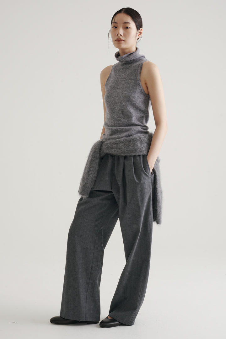 Wool Twill Drawcord Pants / Black