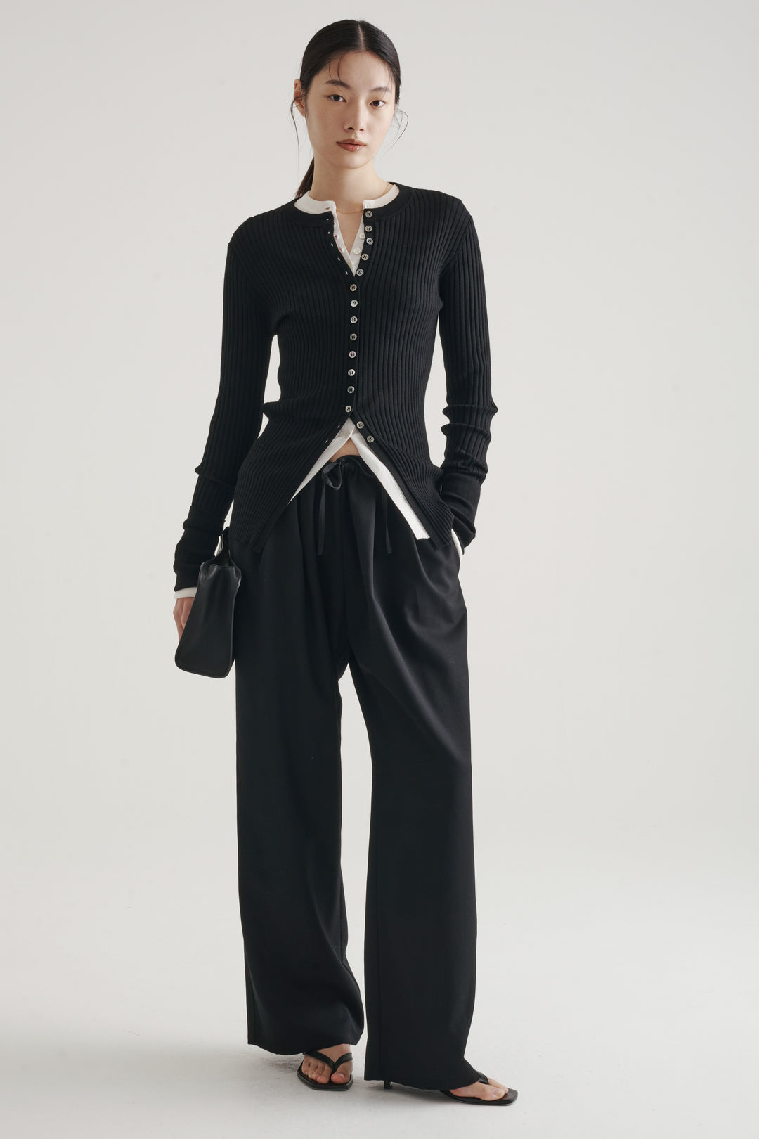 Long Sleeve Rib Cardigan / Black
