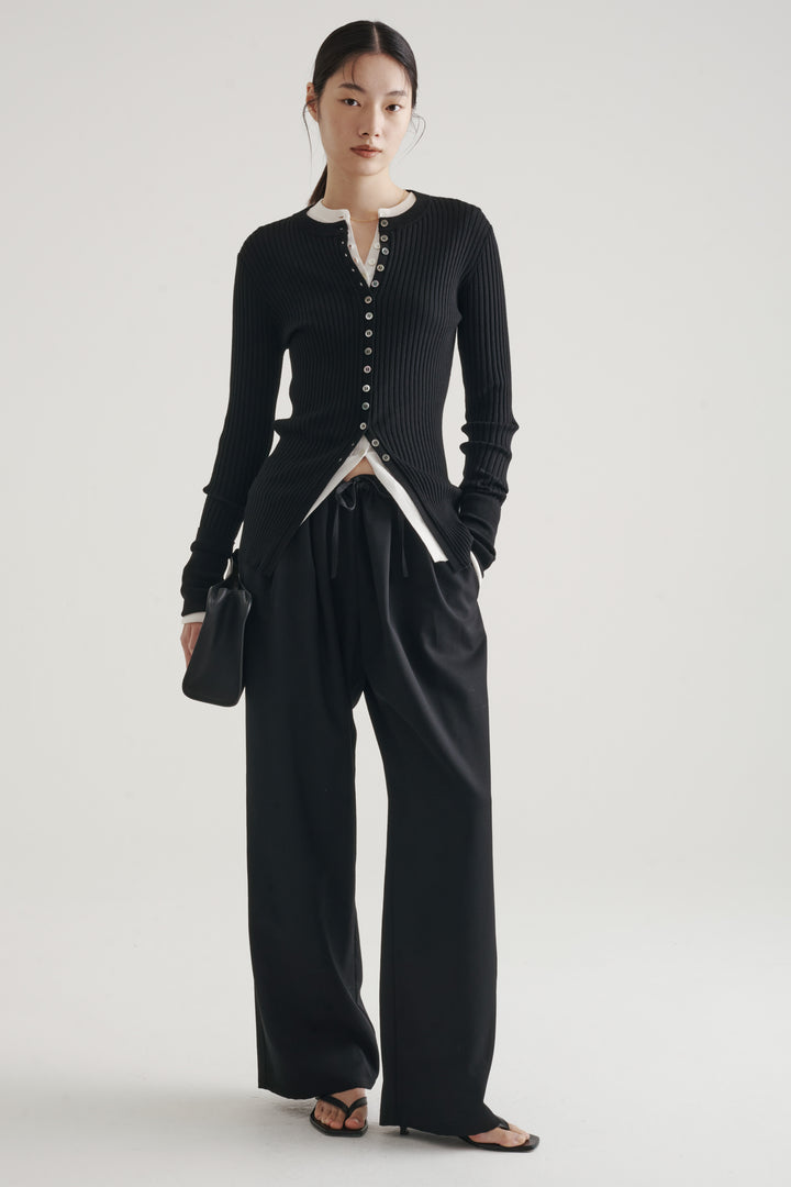 Long Sleeve Rib Cardigan / Black