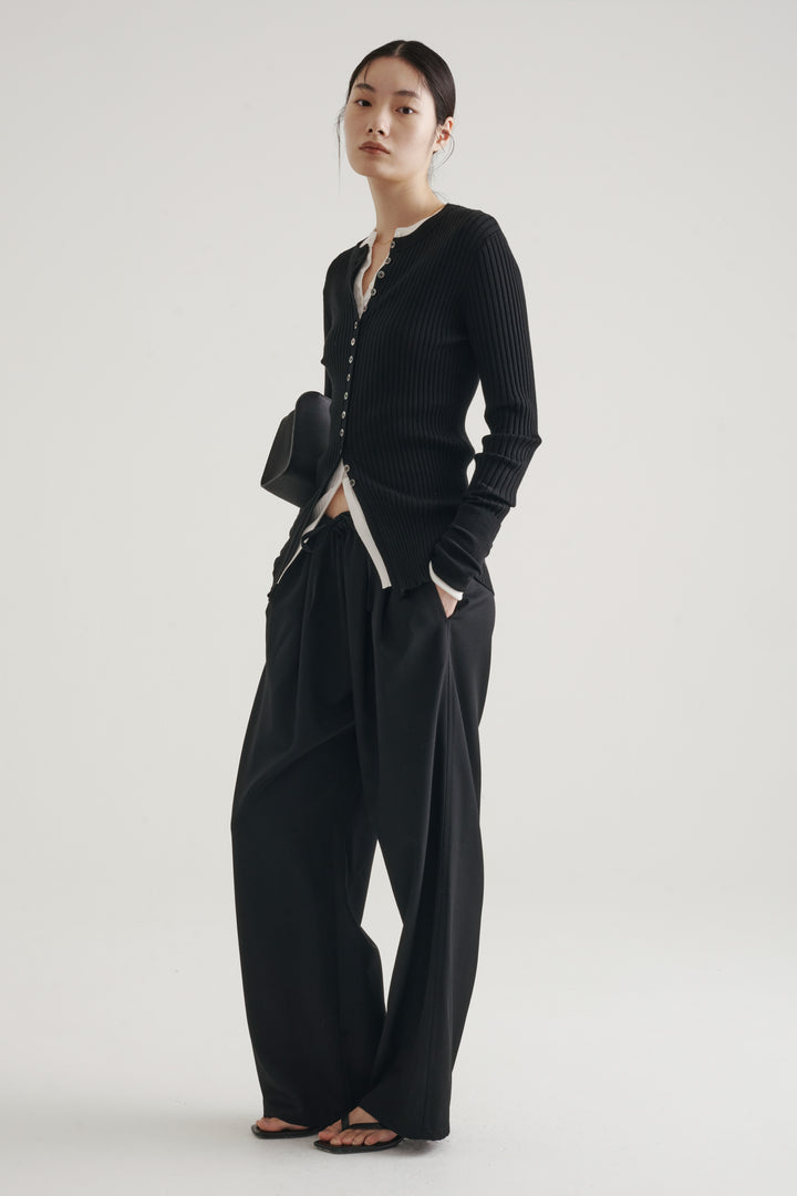 Long Sleeve Rib Cardigan / Black