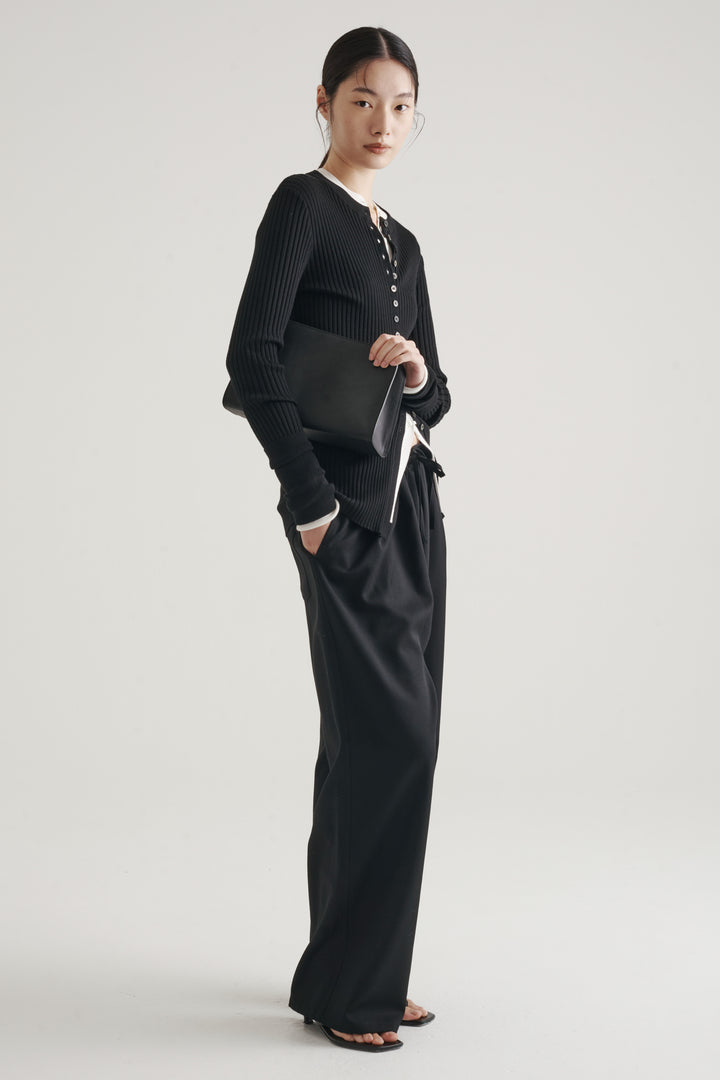 Long Sleeve Rib Cardigan / Black