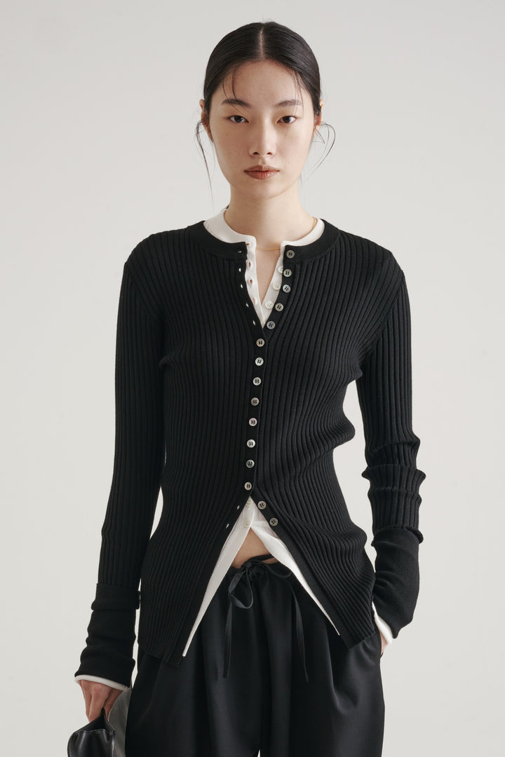 Long Sleeve Rib Cardigan / Black