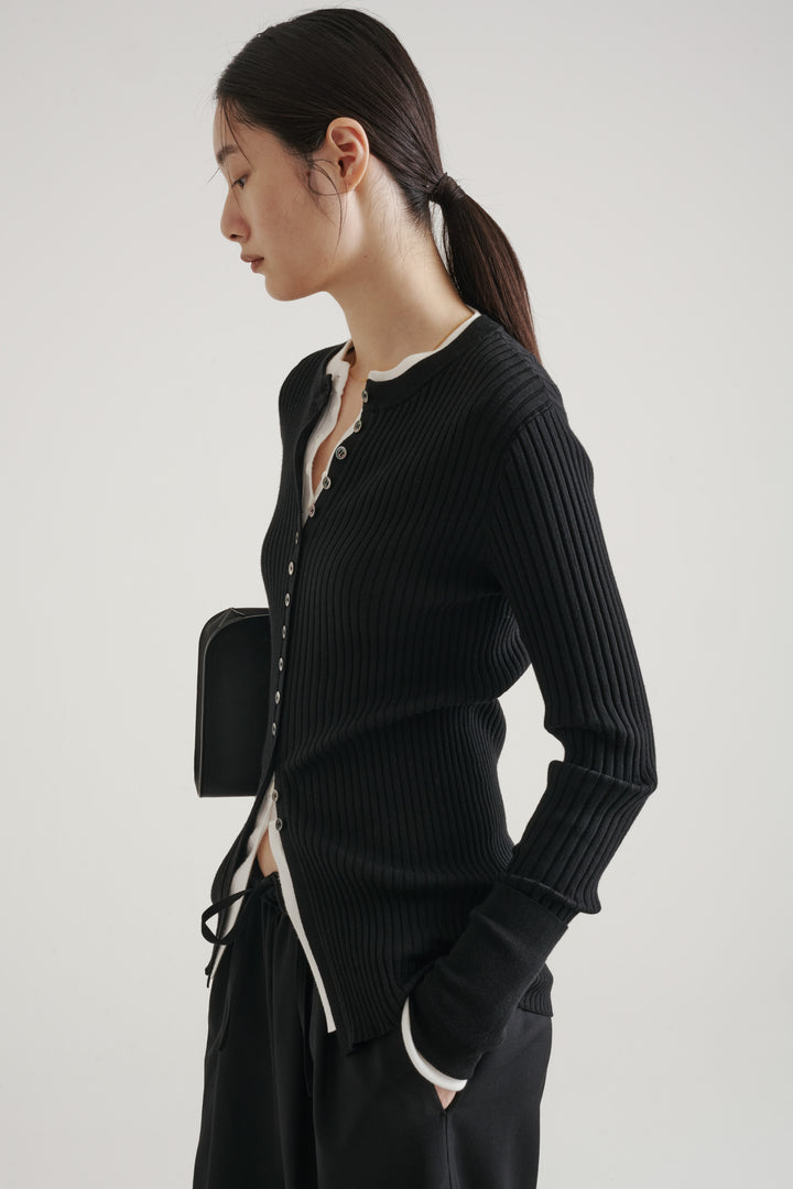 Long Sleeve Rib Cardigan / Black