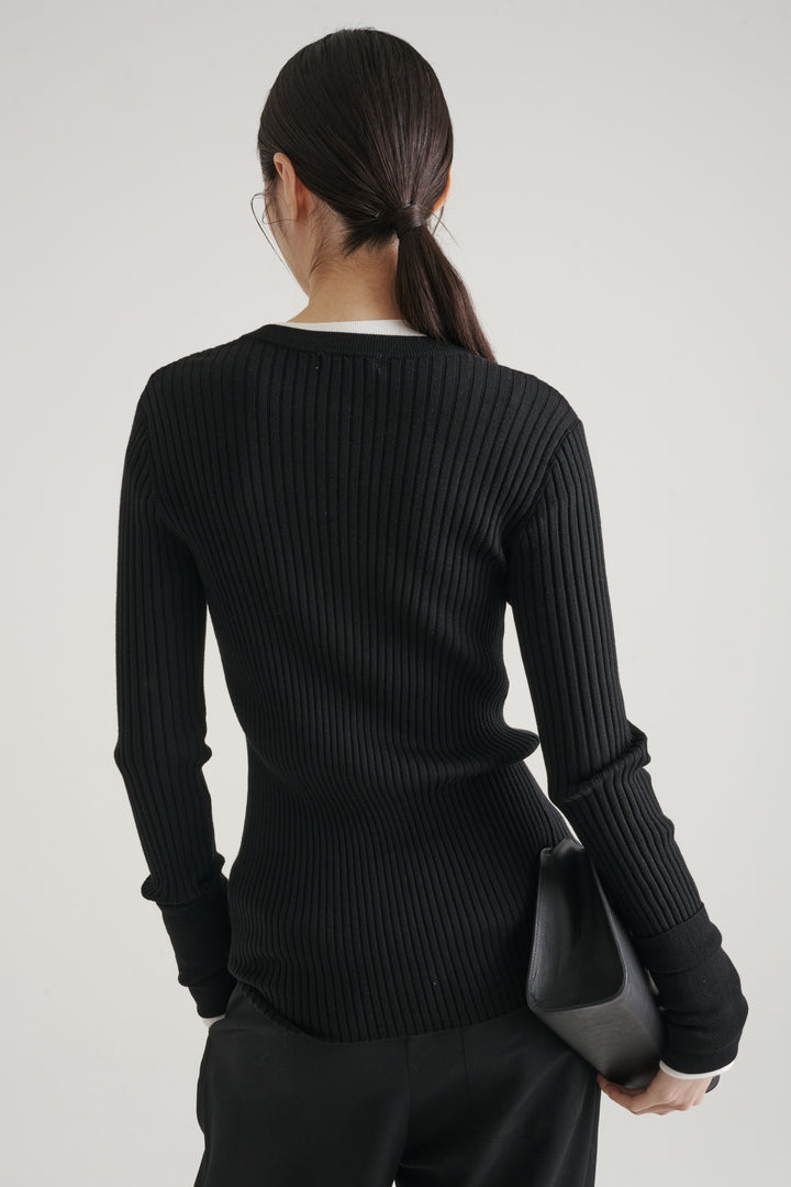 Long Sleeve Rib Cardigan / Black