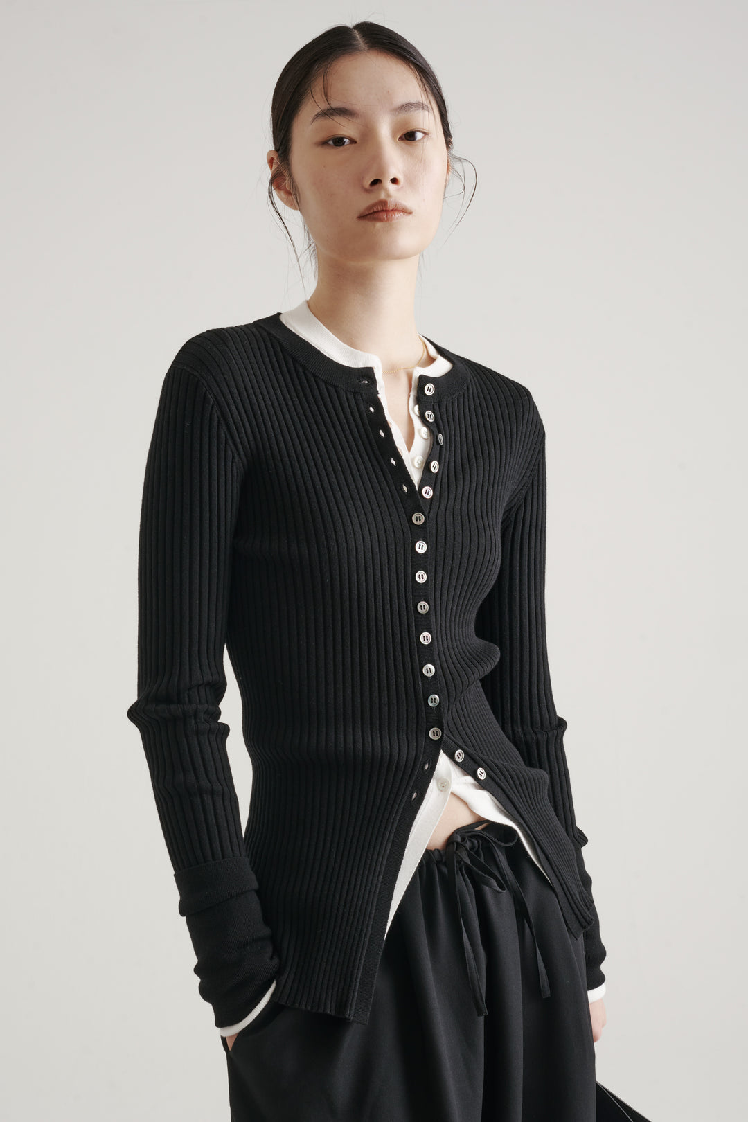 Long Sleeve Rib Cardigan / Black