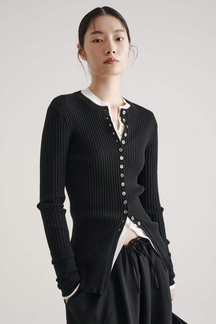 Long Sleeve Rib Cardigan / Black