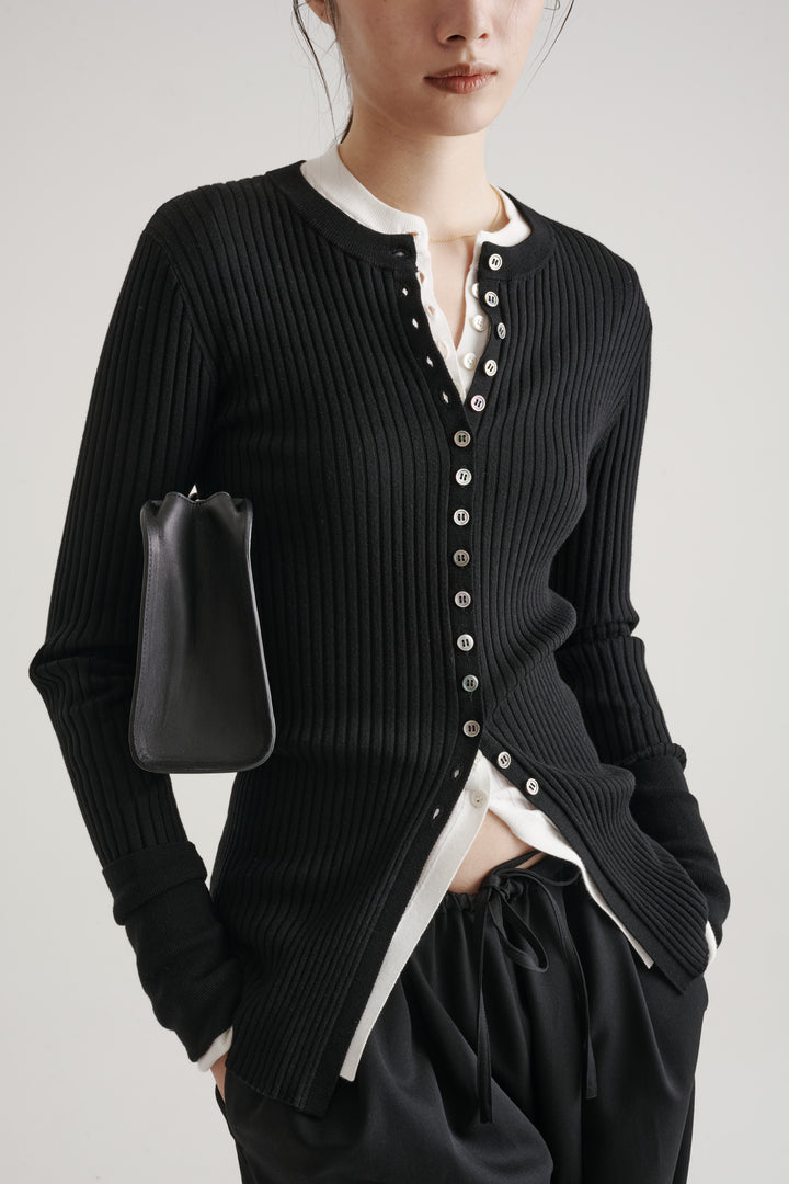 Long Sleeve Rib Cardigan / Black