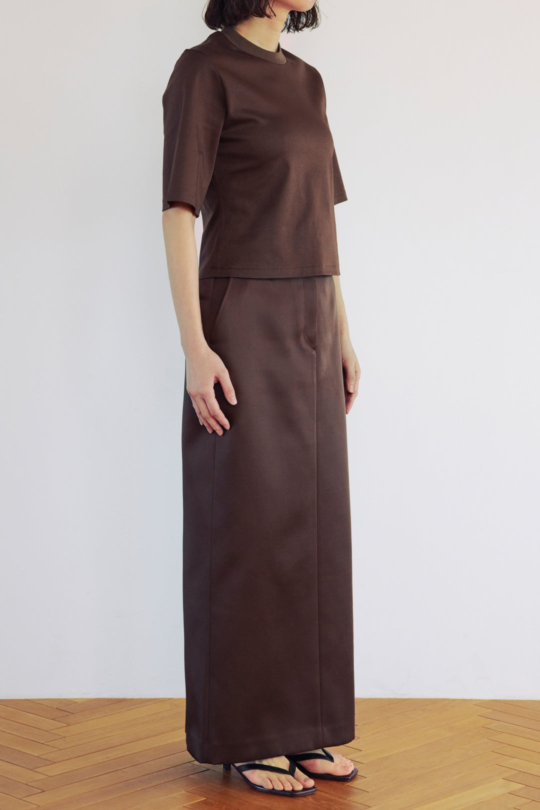 Double Satin Long Skirt / Brown