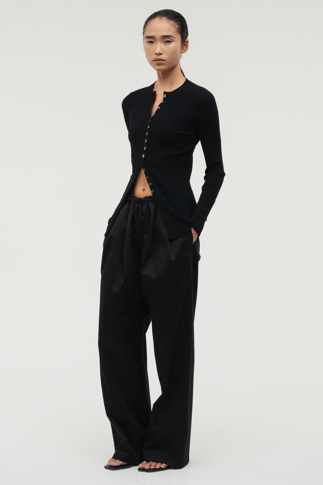Long Sleeve Rib Cardigan / Charcoal Gray
