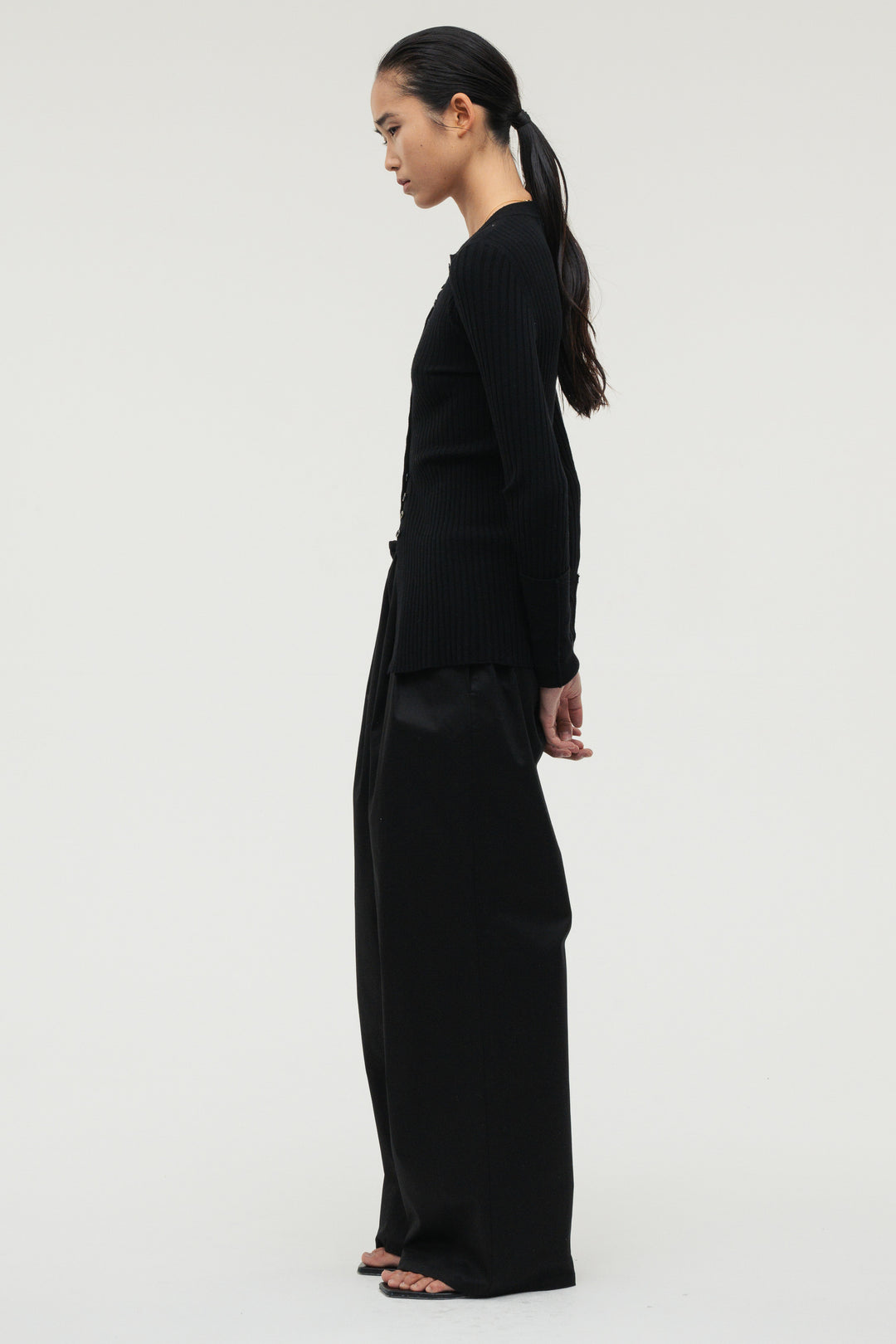 Long Sleeve Rib Cardigan / Charcoal Gray