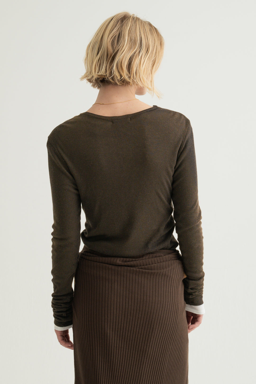 Silk Cotton V/N Long Sleeve / Brown