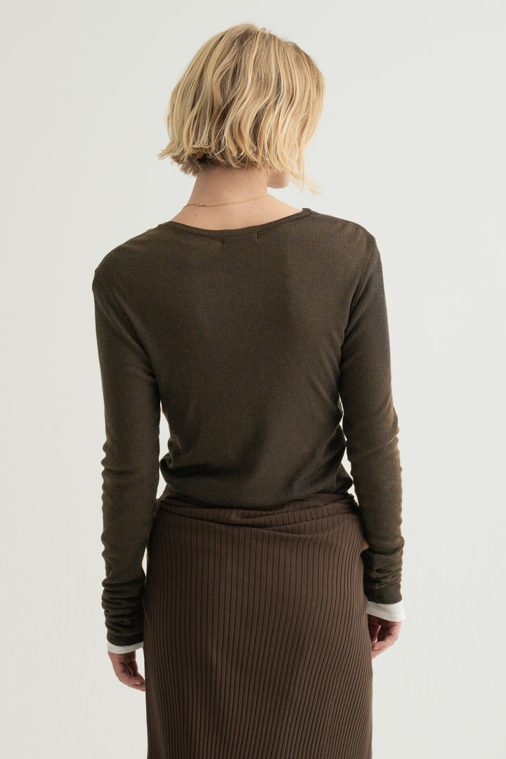 Silk Cotton V/N Long Sleeve / Brown