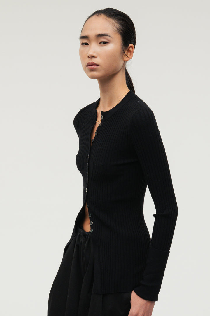 Long Sleeve Rib Cardigan / Charcoal Gray