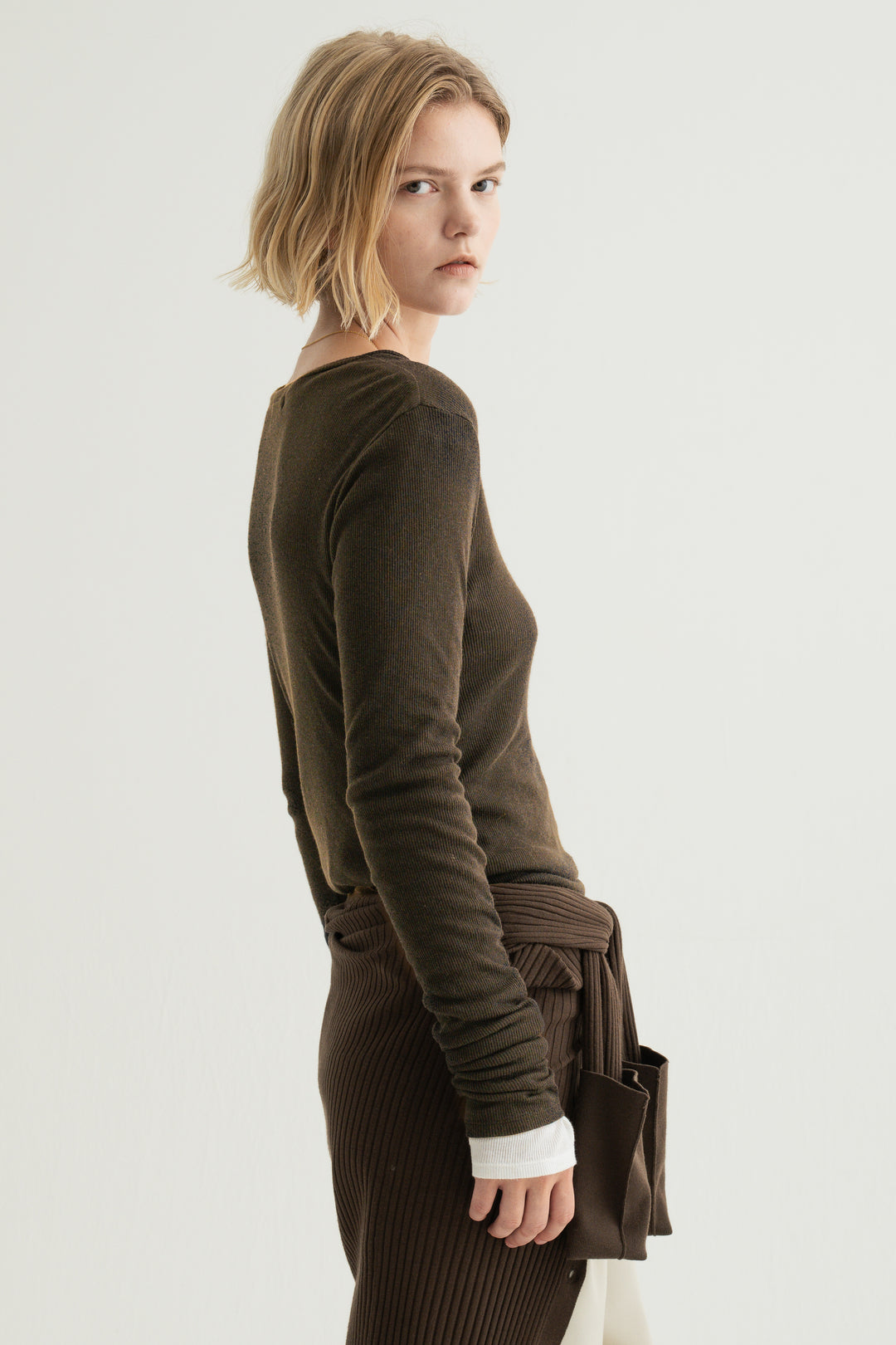 Silk Cotton V/N Long Sleeve / Brown
