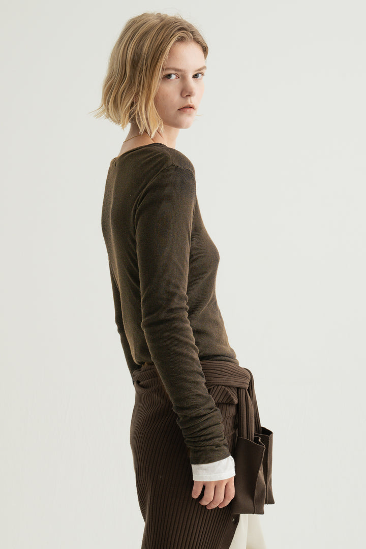 Silk Cotton V/N Long Sleeve / Brown