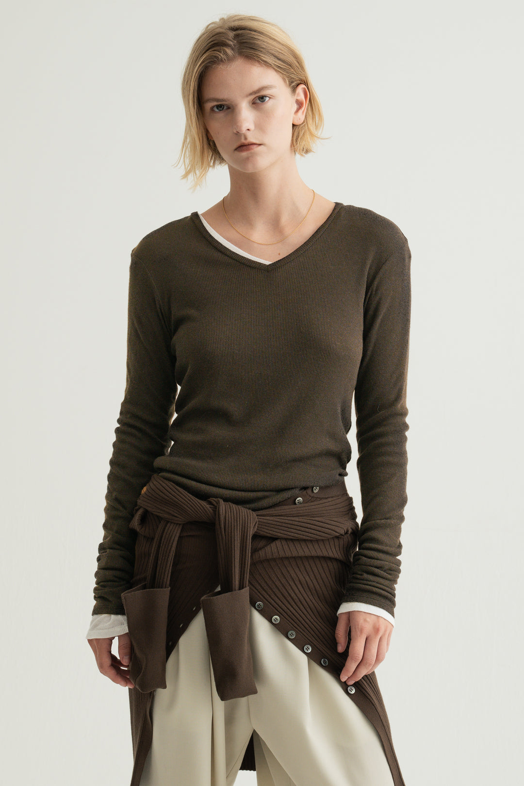 Long Sleeve Rib Cardigan / Brown