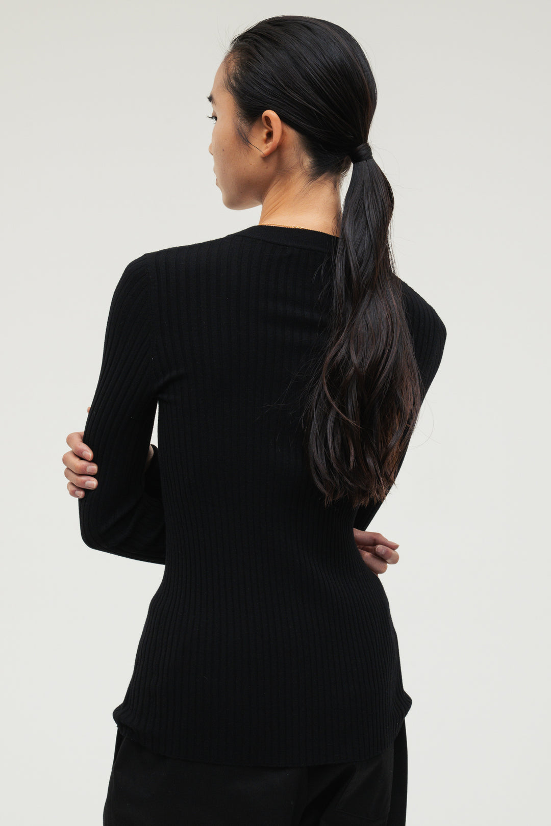 Long Sleeve Rib Cardigan / Charcoal Gray