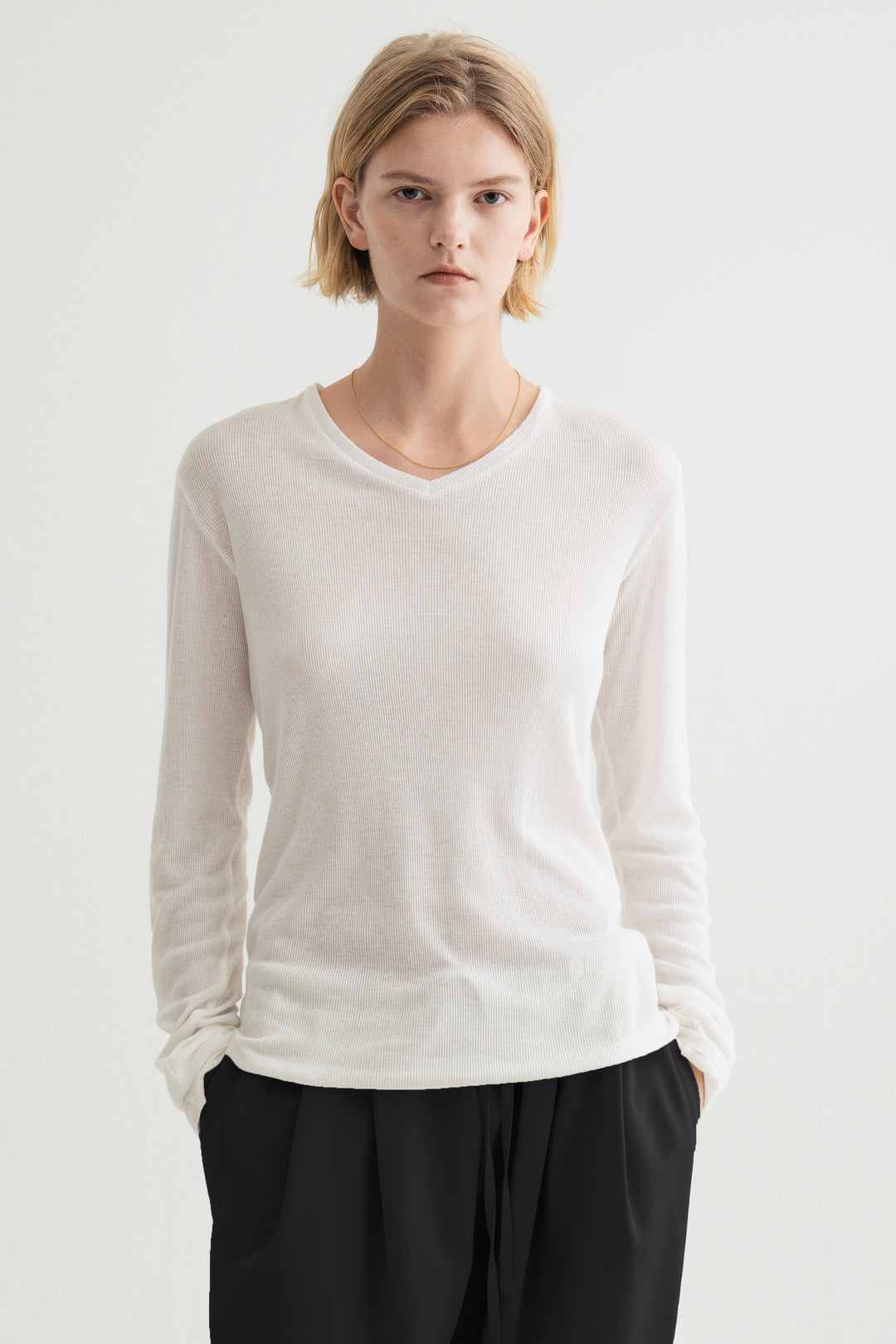 Silk Cotton V/N Long Sleeve / White