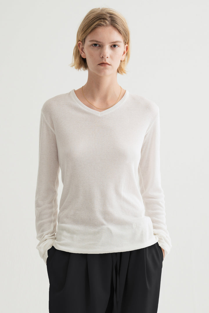 Silk Cotton V/N Long Sleeve / White
