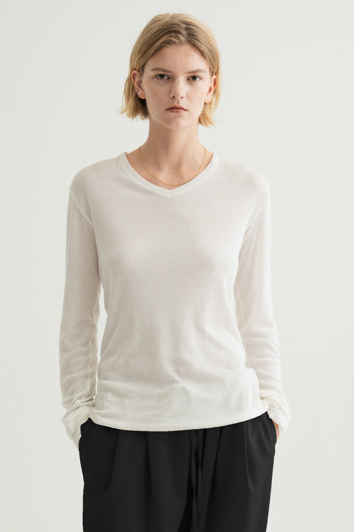 Silk Cotton V/N Long Sleeve / Brown