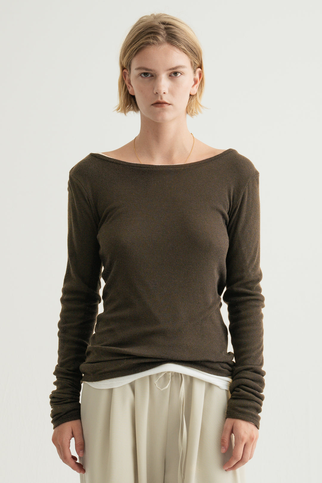 Silk Cotton Boatneck Long Sleeve / Brown