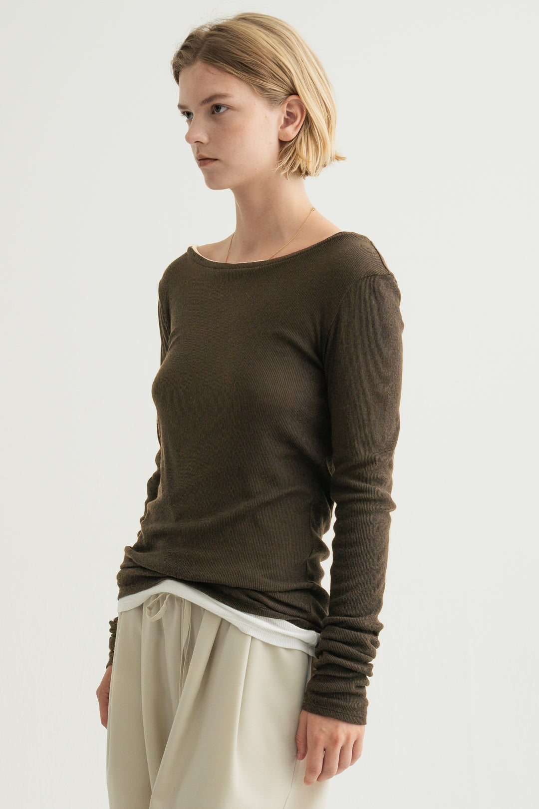 Silk Cotton Boatneck Long Sleeve / Brown
