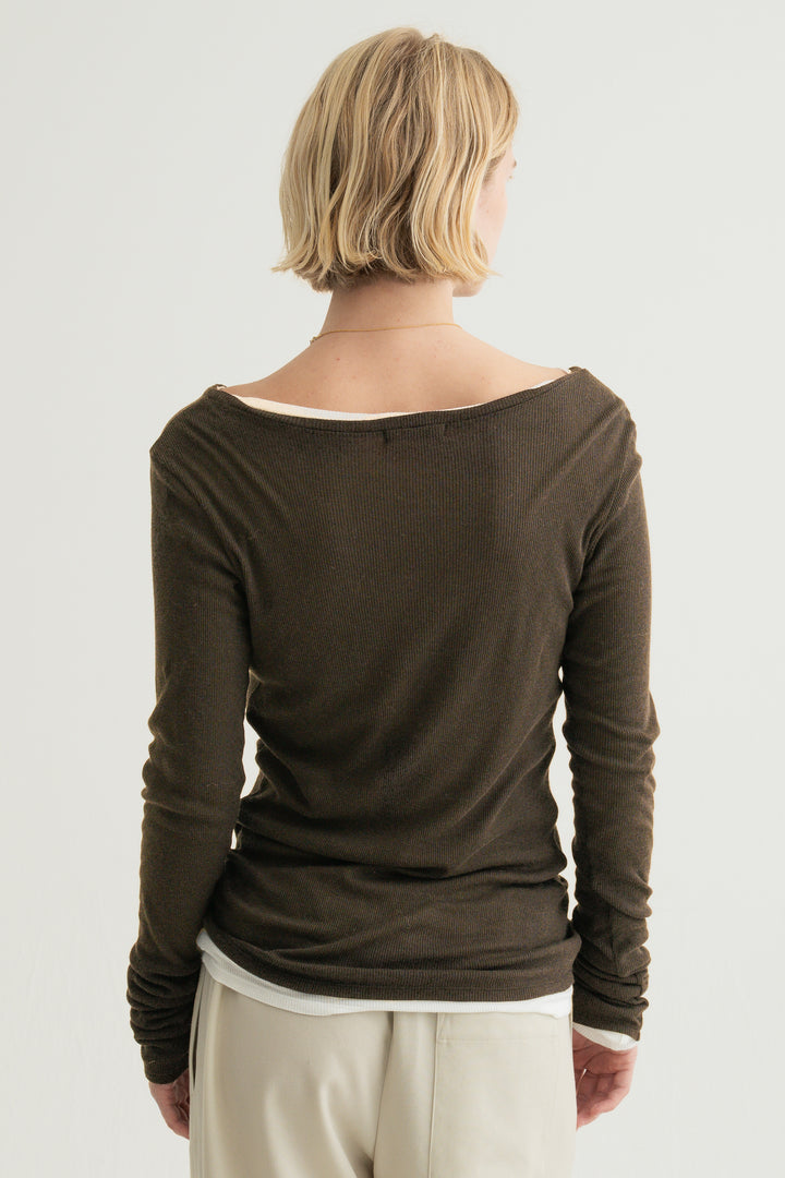 Silk Cotton Boatneck Long Sleeve / Brown