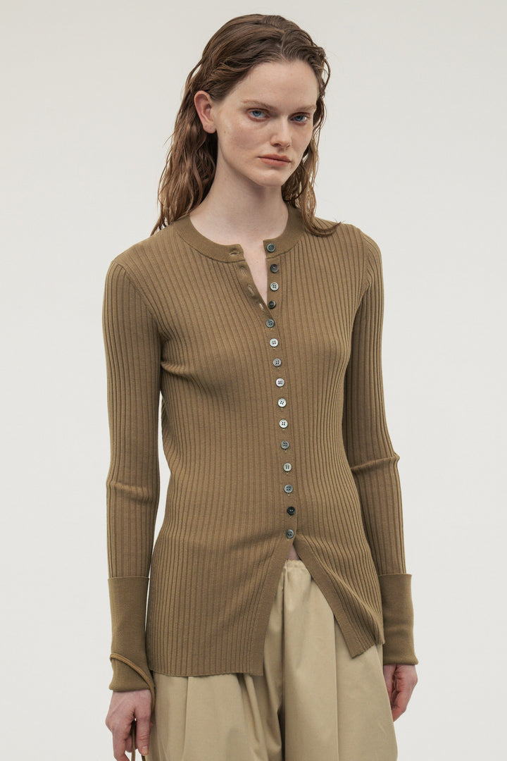 Long Sleeve Rib Cardigan / Charcoal Gray