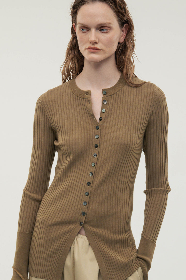 Long Sleeve Rib Cardigan / Charcoal Gray