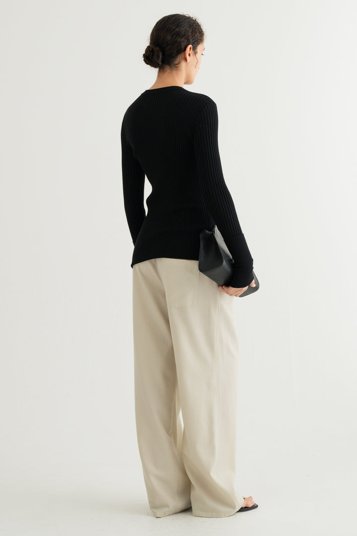 Wool Silk Long Sleeve Cardigan / Black