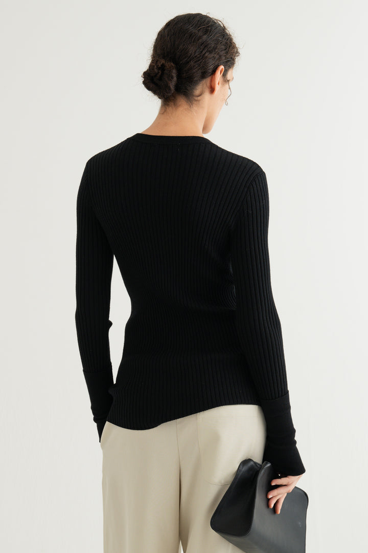 Wool Silk Long Sleeve Cardigan / Black