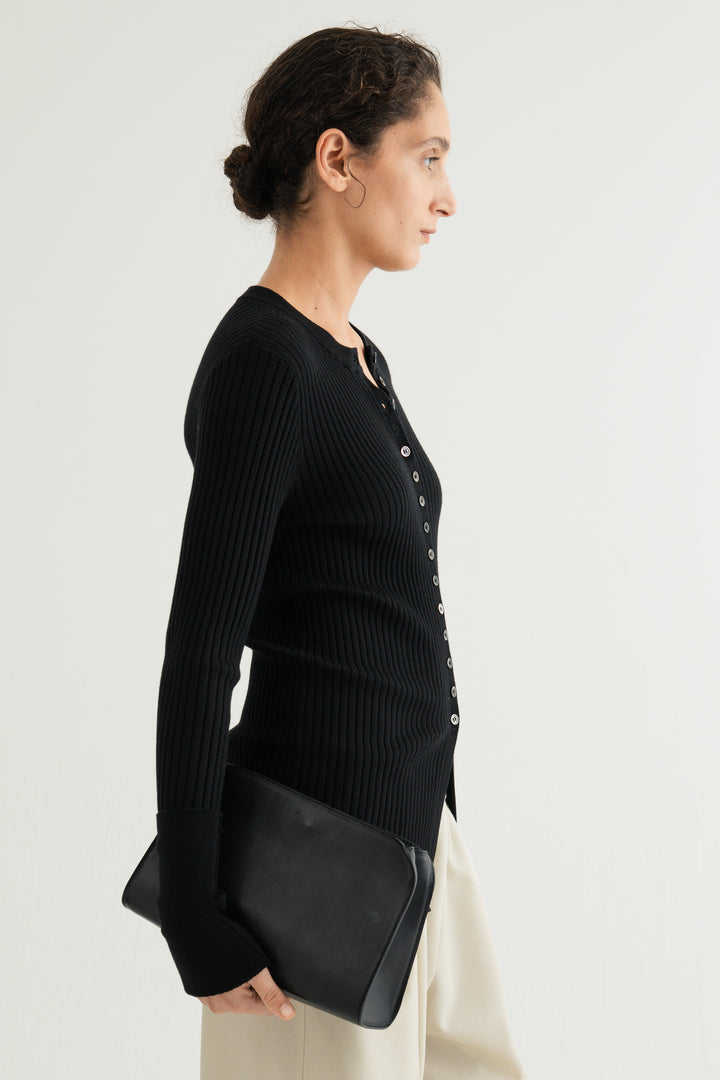 Wool Silk Long Sleeve Cardigan / Black