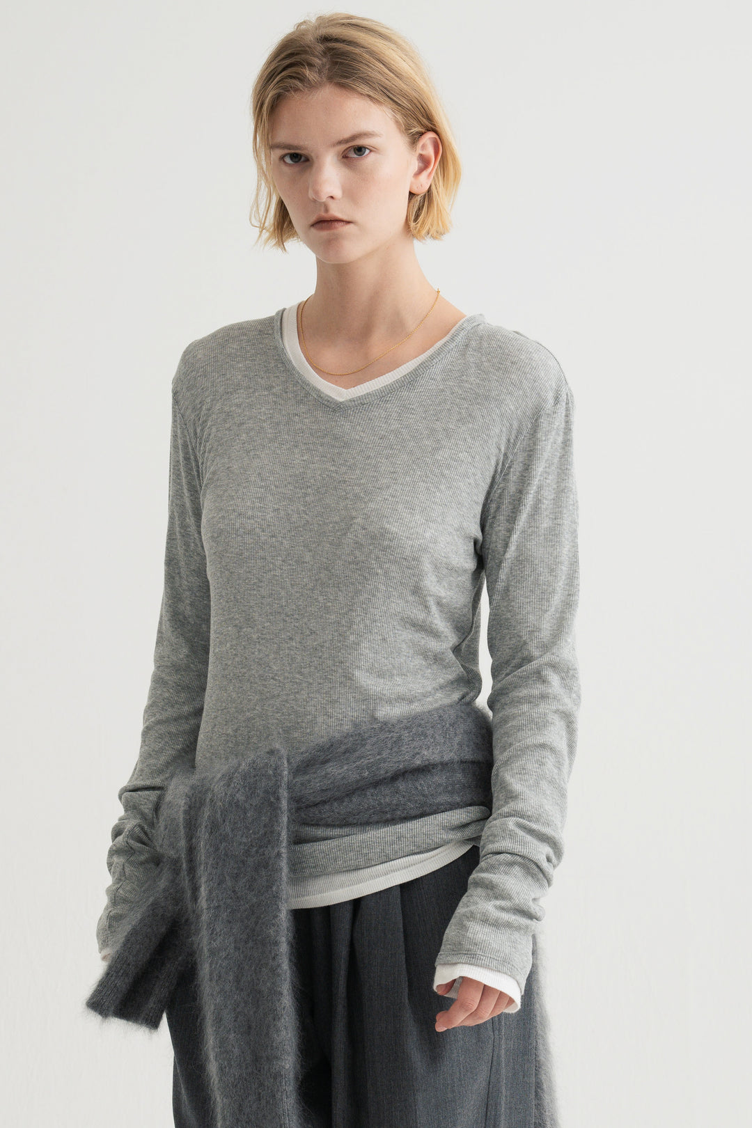 Silk Cotton V/N Long Sleeve / Grey