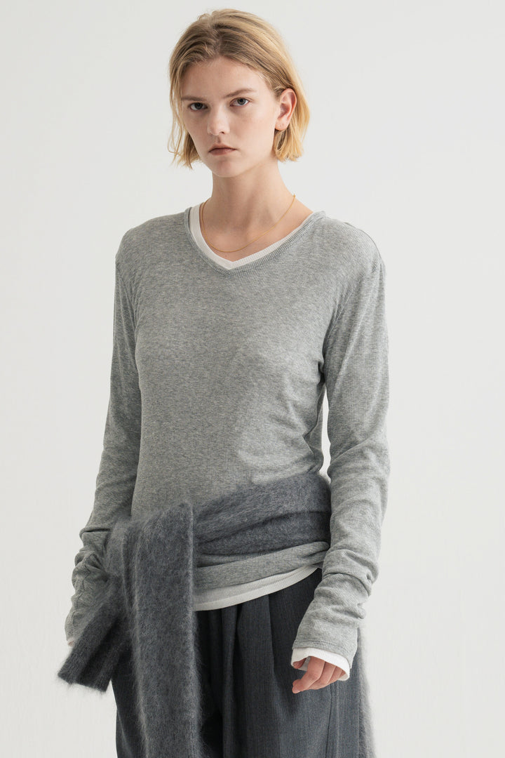 Silk Cotton V/N Long Sleeve / Grey