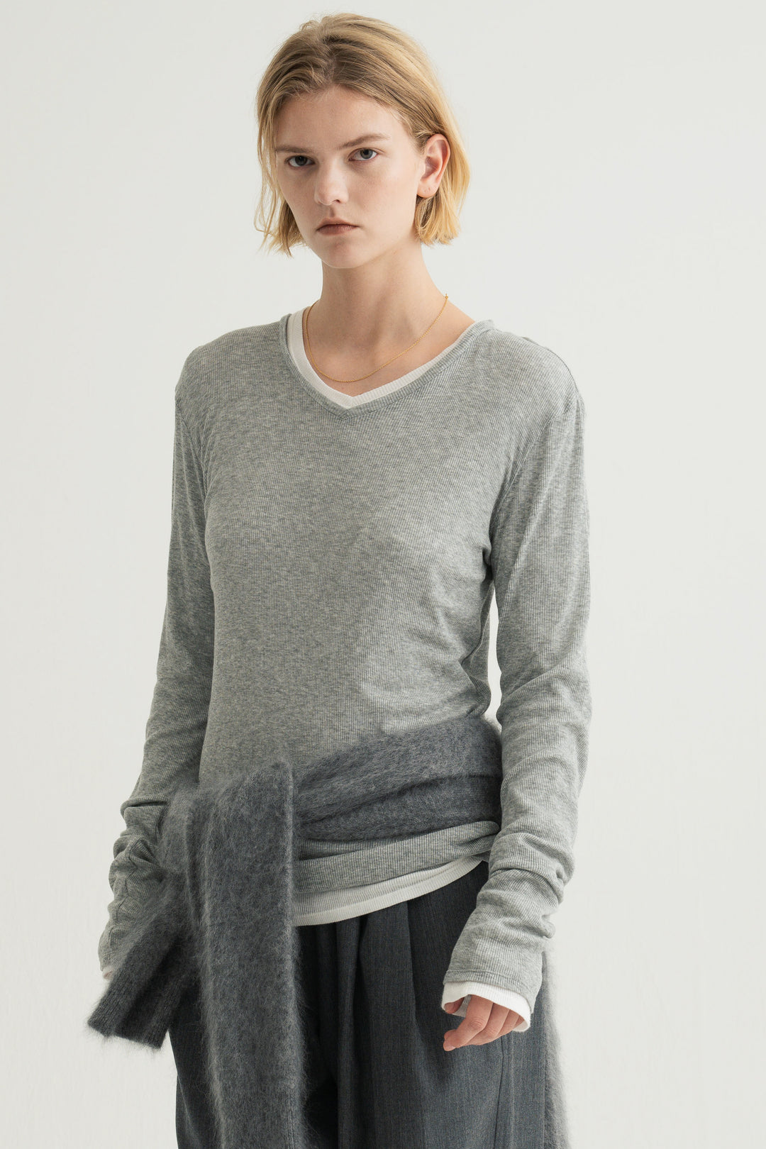 Silk Cotton V/N Long Sleeve / Brown