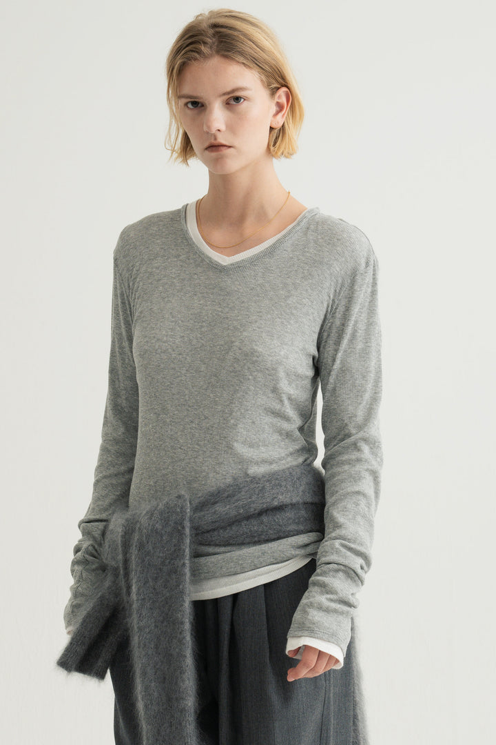 Silk Cotton V/N Long Sleeve / Brown