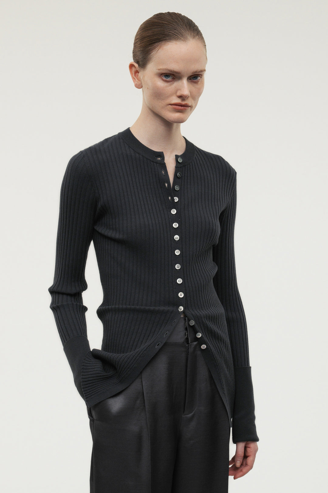 Long Sleeve Rib Cardigan / Charcoal Gray
