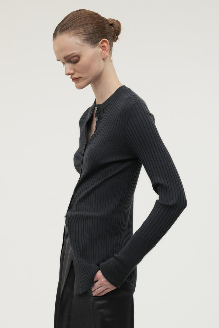 Long Sleeve Rib Cardigan / Charcoal Gray
