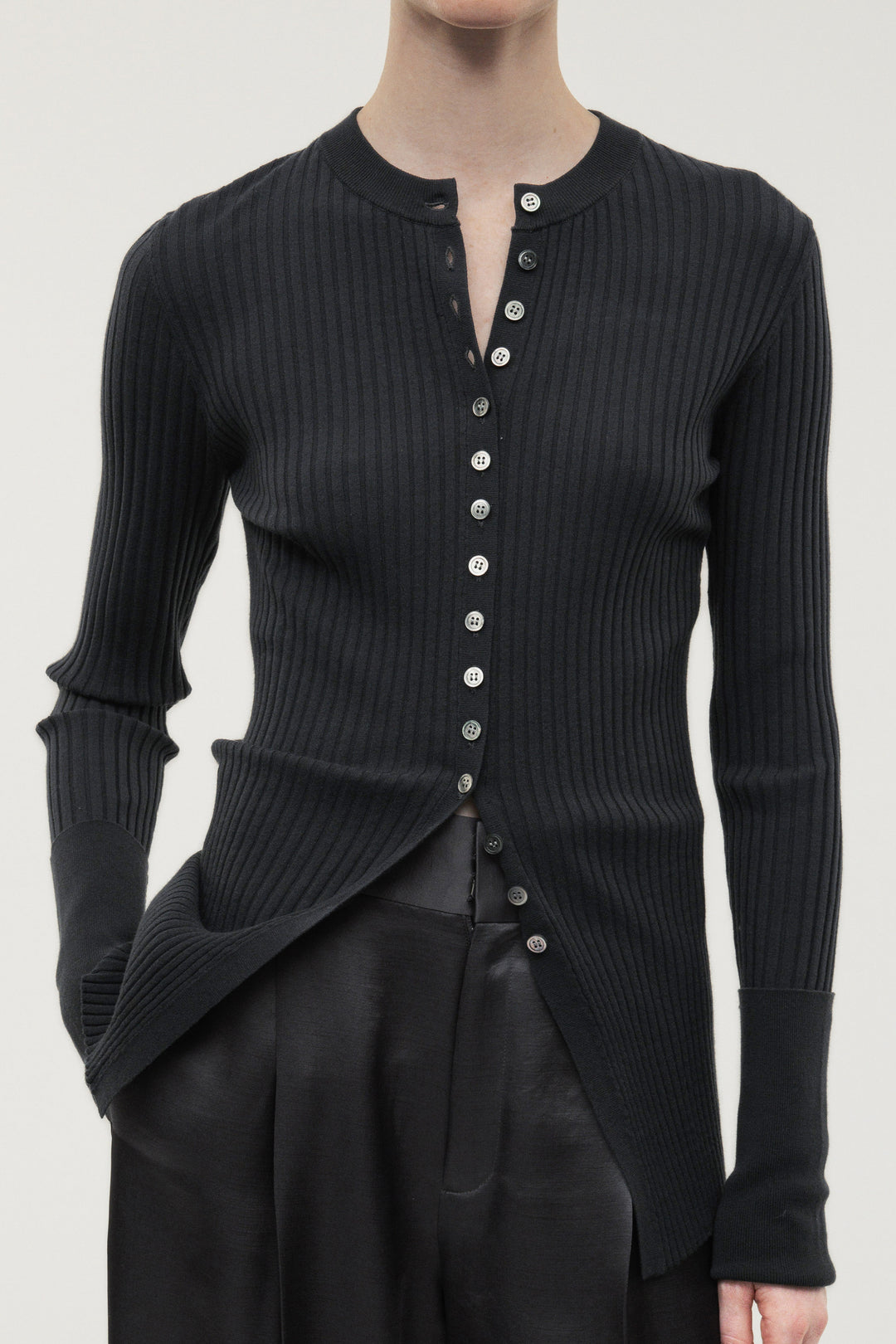 Long Sleeve Rib Cardigan / Charcoal Gray