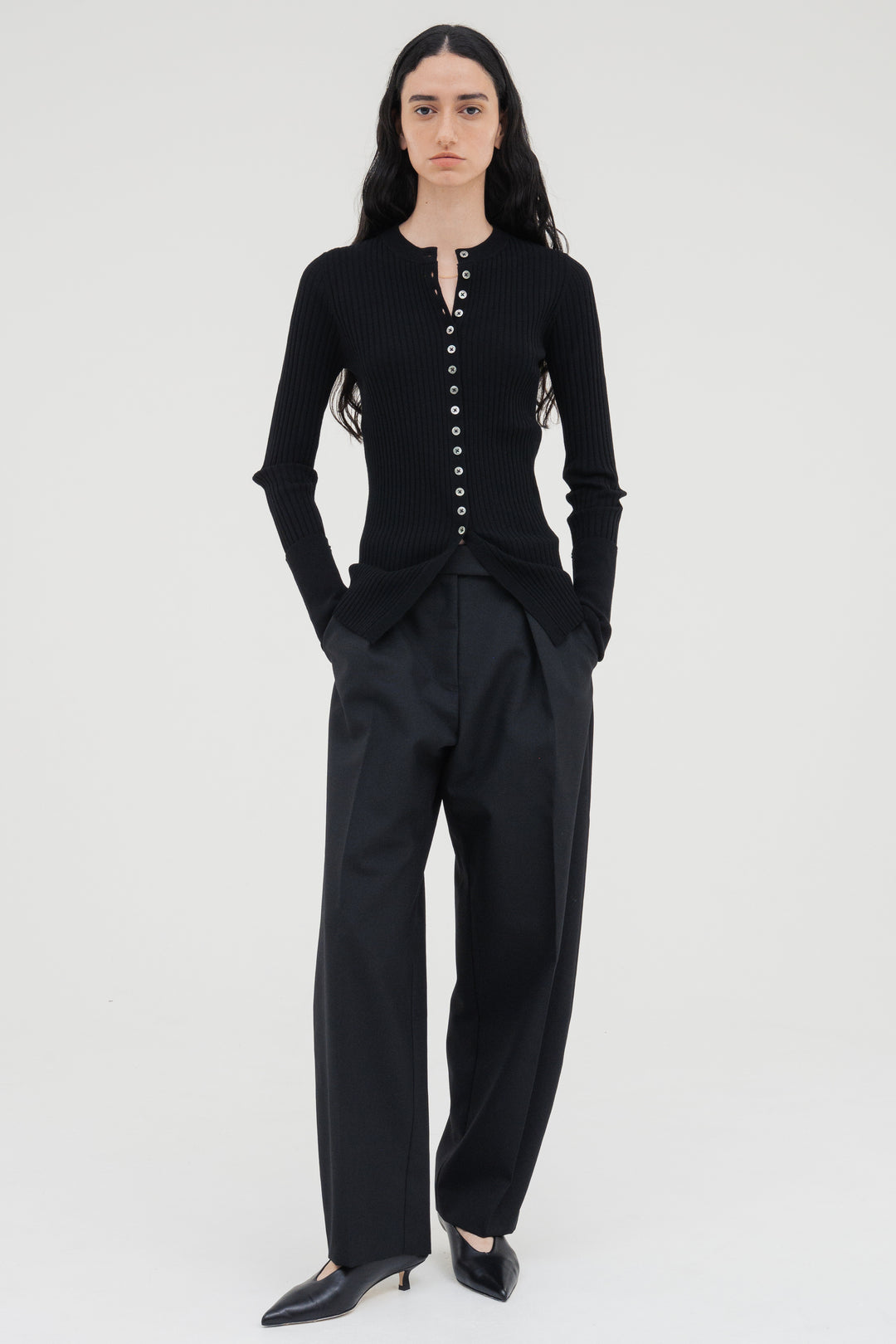 Long Sleeve Rib Cardigan / Black